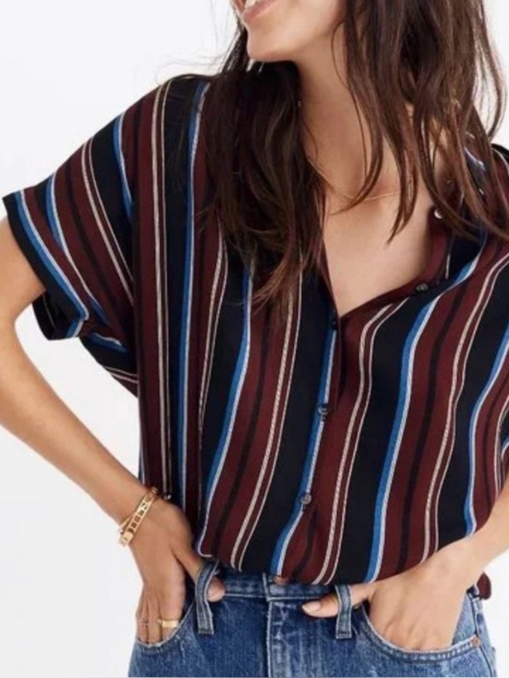 Madewell Burgundy and Blue Striped Button-Up Shirt